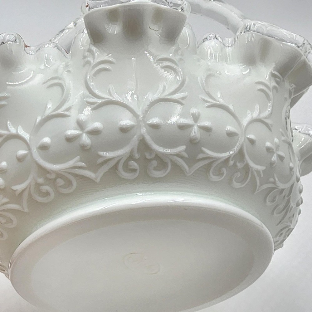 Fenton Spanish Lace White Milk Glass Silver Crest Basket Clear Rim Vintage - Picture 13 of 13